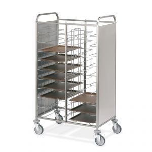 1475U-PI Universal tray trolley, stainless steel side panels, 20 trays