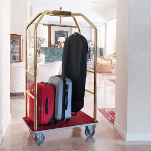 1950R-E Clothes hanger / luggage rack, brass-plated, bordeaux carpet 108x76x189h cm, elastic wheels, 2 2 brakes