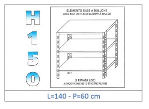IN-B36914060B Shelf with 3 smooth shelves bolt fixing dim cm 140x60x150h 