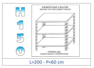 IN-B36920060B Shelf with 3 smooth shelves bolt fixing dim cm 200x60x150h 